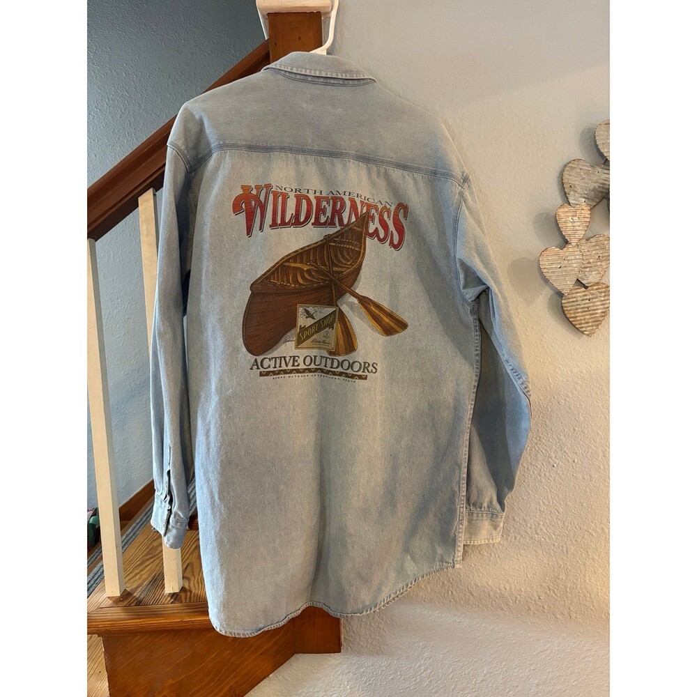 Vtg Eddie Bauer Shirt Mens Large tall Blue Denim Wilderness Canoe Graphic 90s